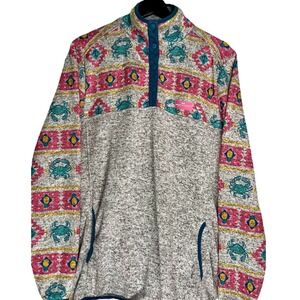 Simply Southern Women's 1/4 Snap Pullover Sweater L Gray Crab Aztec Fleece Lined